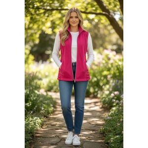Cutter & Buck Women's Pink Full Zip Fleece Vest Ruched Sides Mock Neck Size L